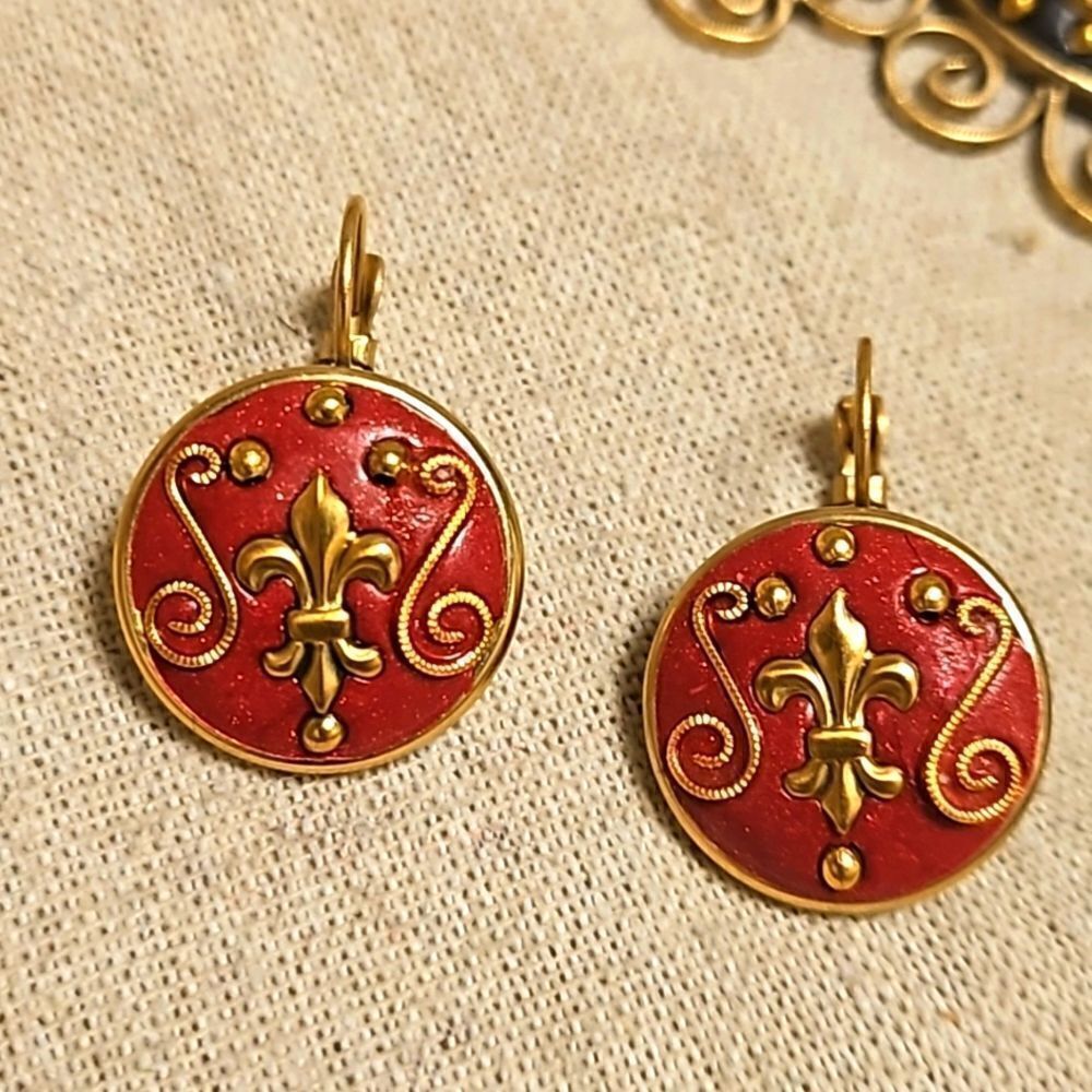 Antique Eduardian Austrian Signed OM Fleur-de-lis Red Enamel Earrings OOAK